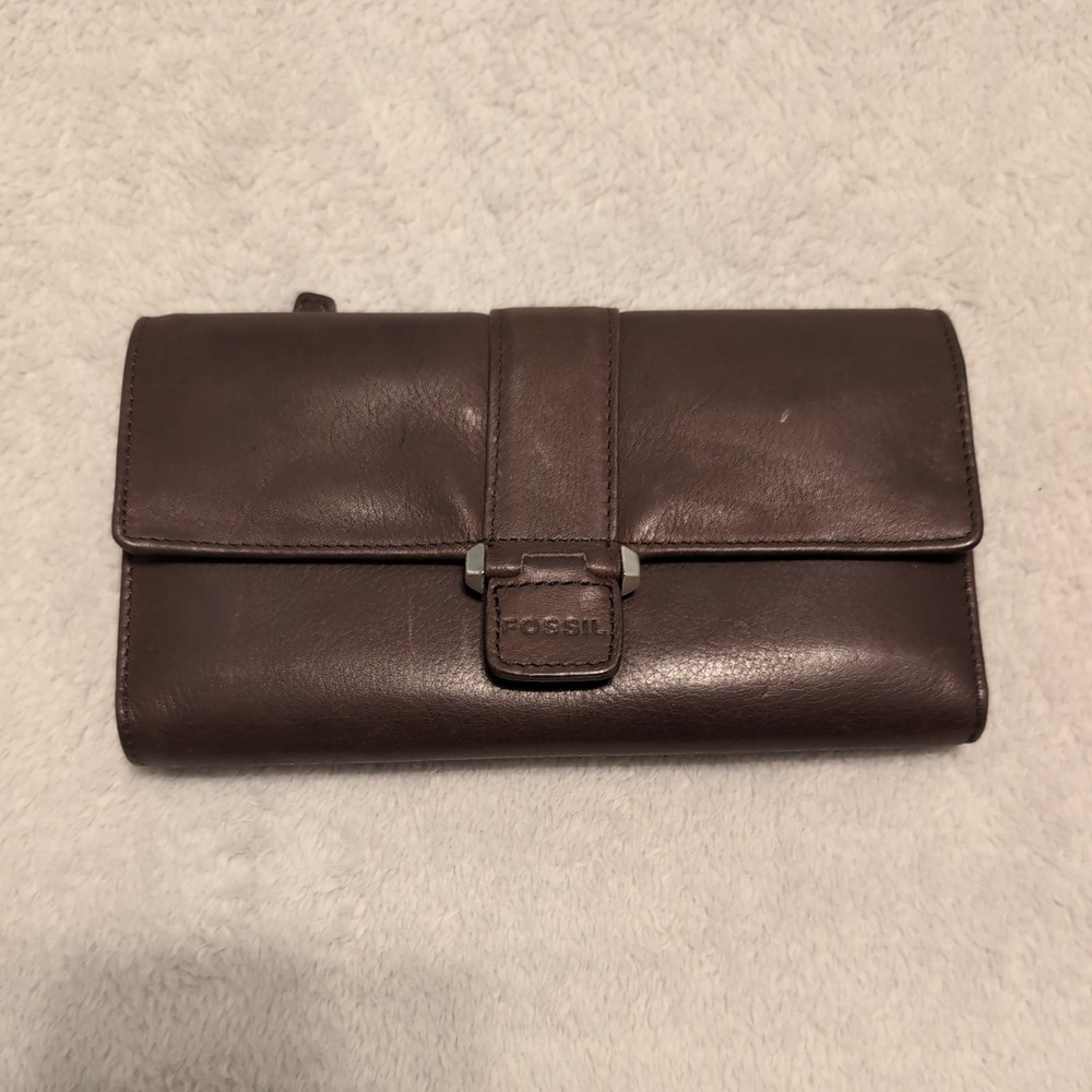 Fossil Women Brown Leather Wallet Long Credit Card ID Holder Checkbook Trifold